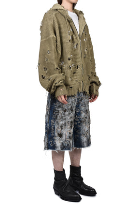 TC DESTROYED KNIT ZIP-UP HOODIE / BEIGE