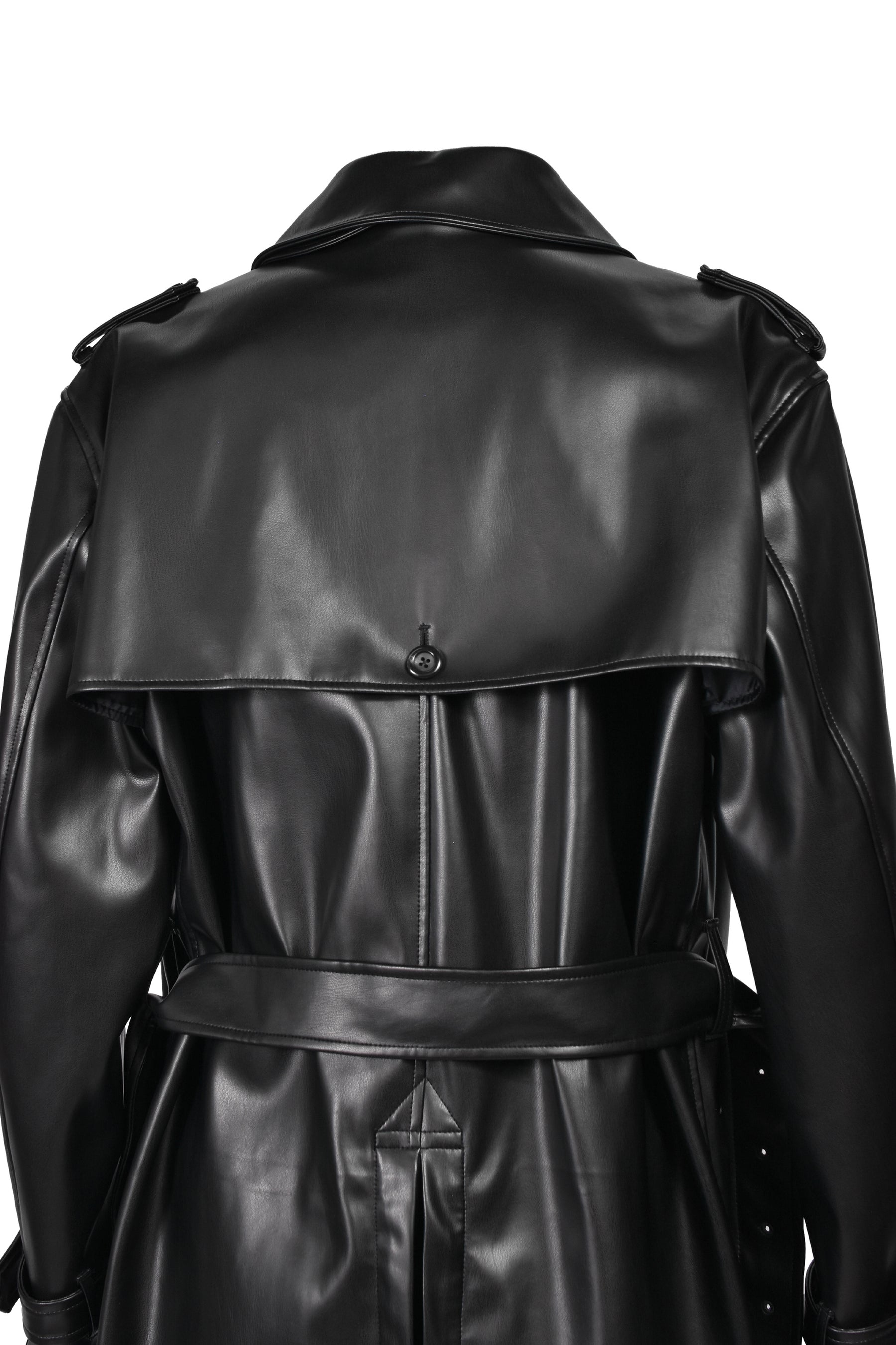 FAUX LEATHER TRENCH COAT / BLK