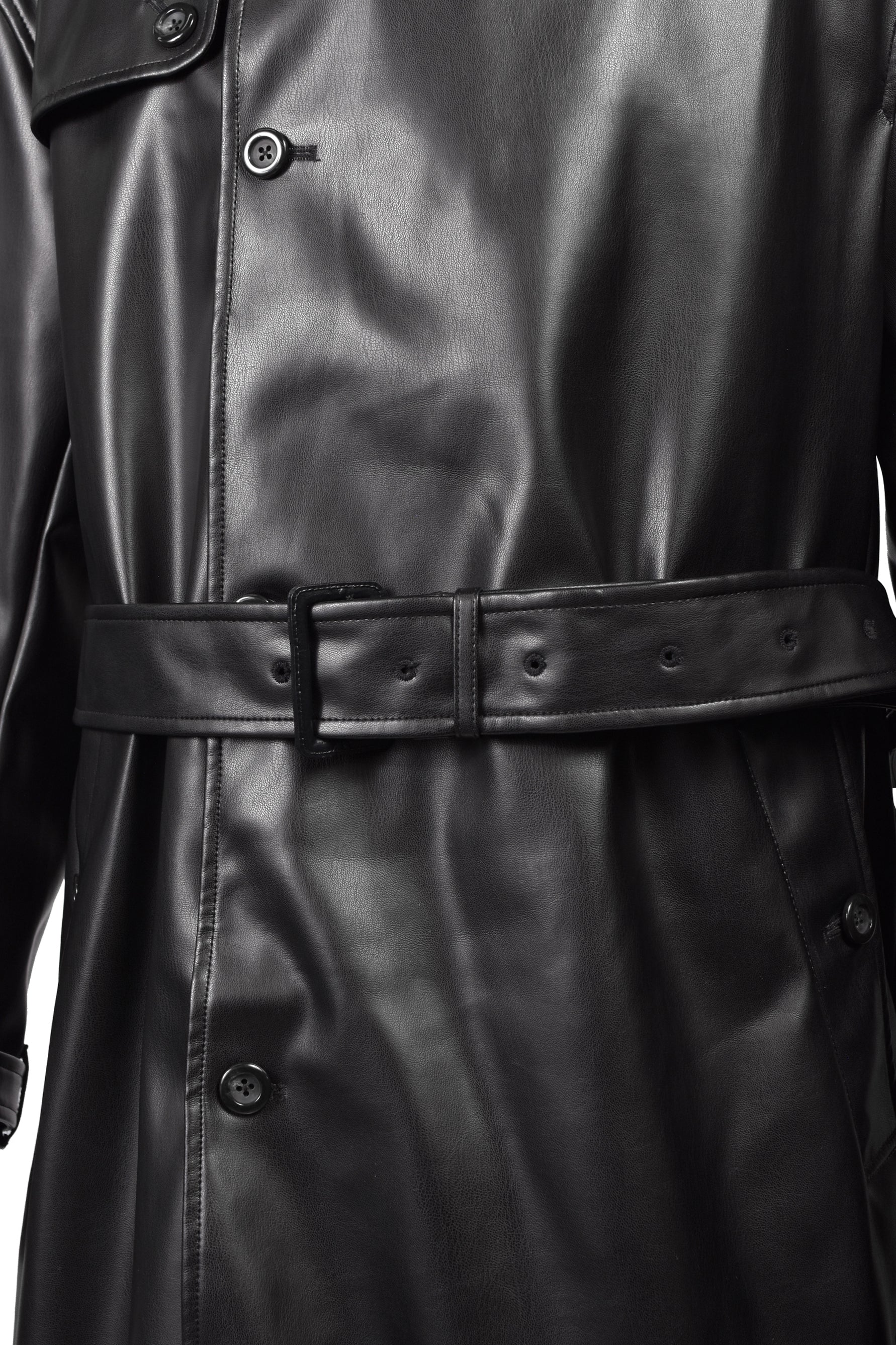 FAUX LEATHER TRENCH COAT / BLK