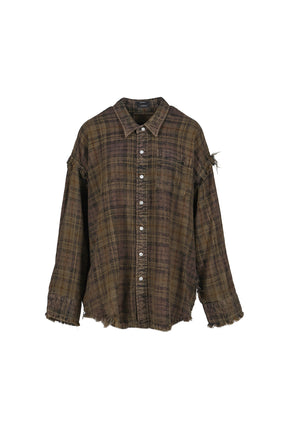 SHREDDED SEAM DROP NECK SHIRT / TEAL/NVY/YEL PLAID BRN