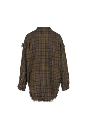 SHREDDED SEAM DROP NECK SHIRT / TEAL/NVY/YEL PLAID BRN