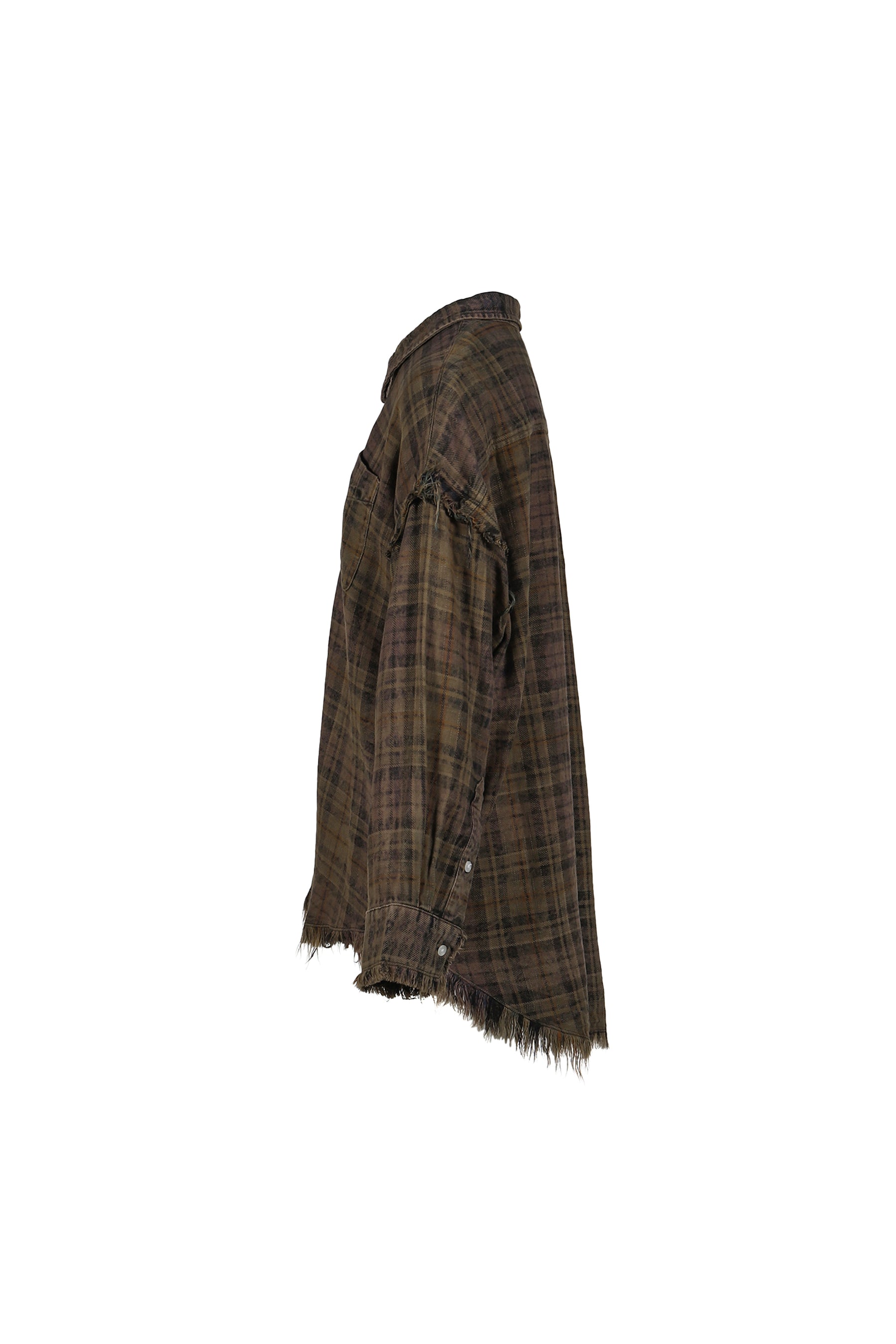 SHREDDED SEAM DROP NECK SHIRT / TEAL/NVY/YEL PLAID BRN