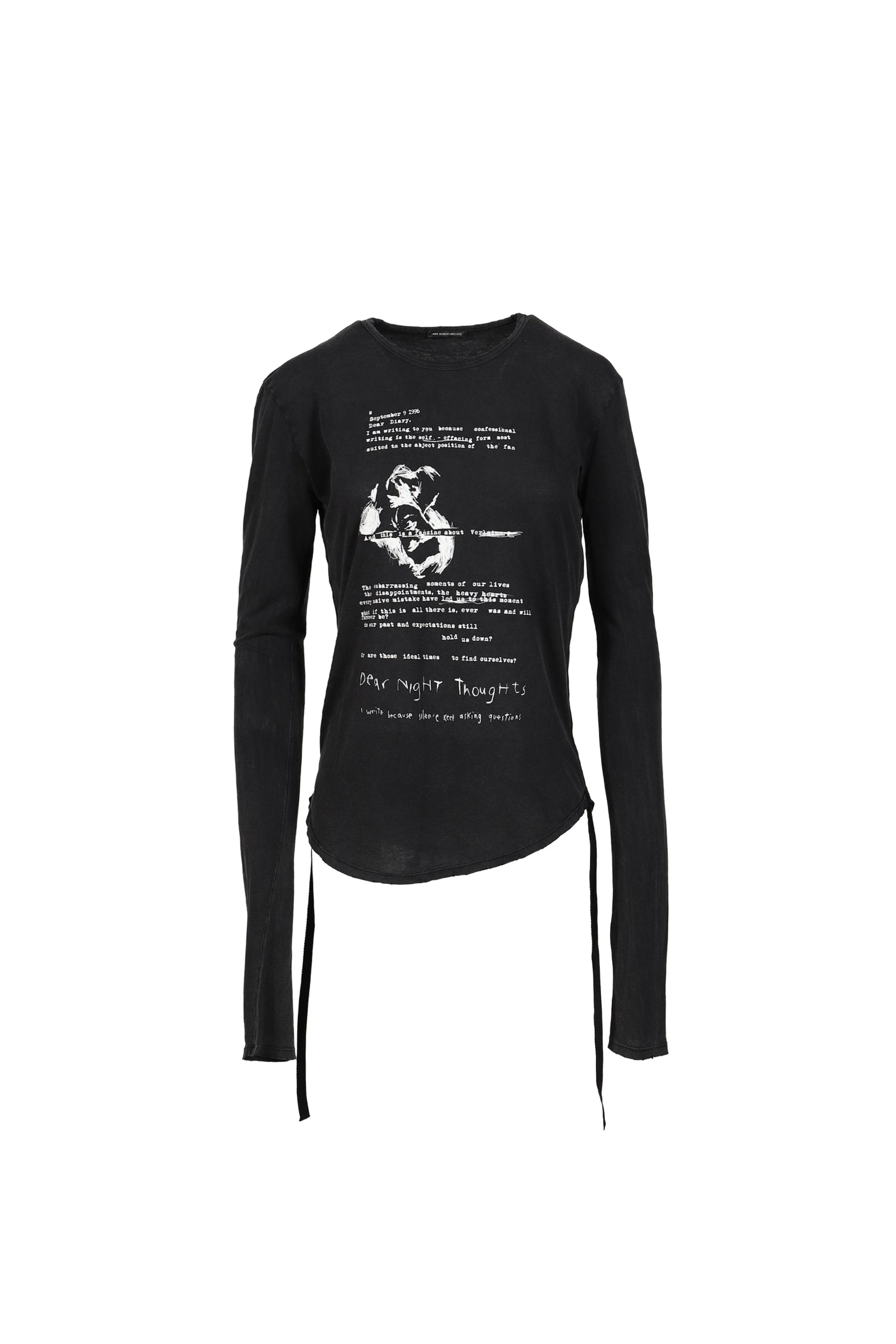 DOT WRINKLED CROPPED LONG SLEEVES TOP WITH "DEAR DIARY" PRINT / FADED BLK