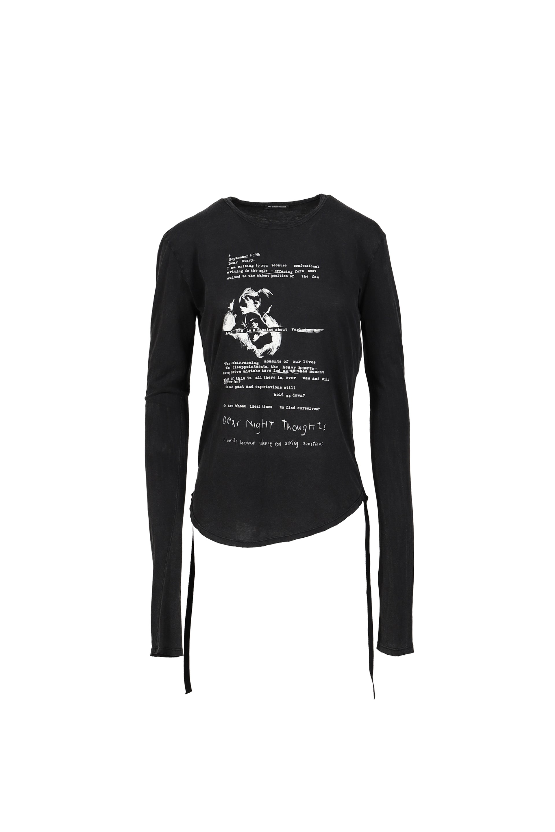 DOT WRINKLED CROPPED LONG SLEEVES TOP WITH "DEAR DIARY" PRINT / FADED BLK