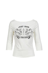 FUN RIDE PRINTED WHITE 3/4 SLEEVE COWL NECK BACKLESS TOP / WHT