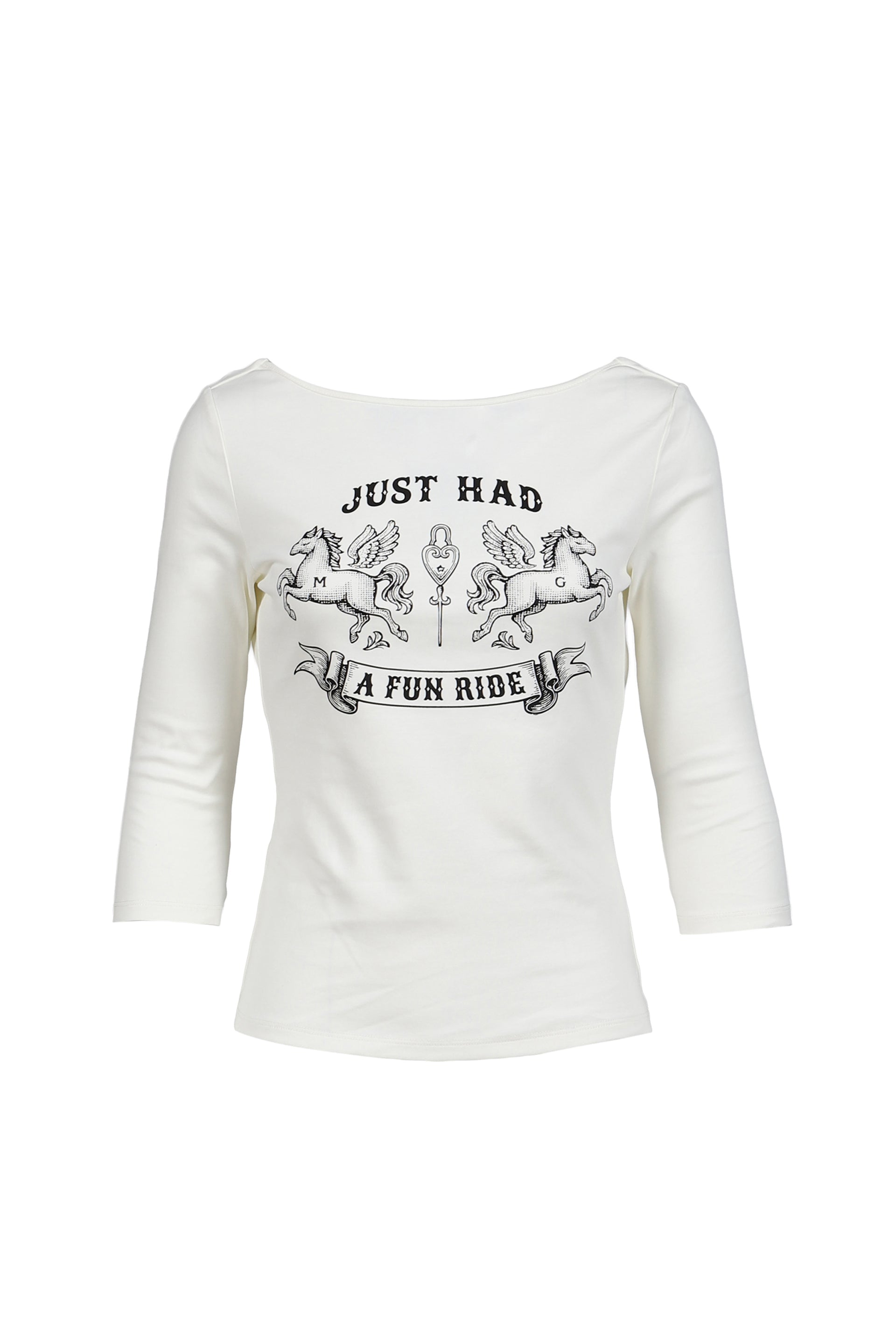FUN RIDE PRINTED WHITE 3/4 SLEEVE COWL NECK BACKLESS TOP / WHT