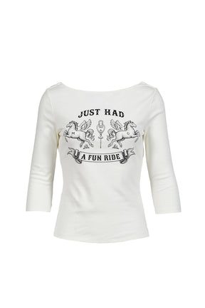 FUN RIDE PRINTED WHITE 3/4 SLEEVE COWL NECK BACKLESS TOP / WHT