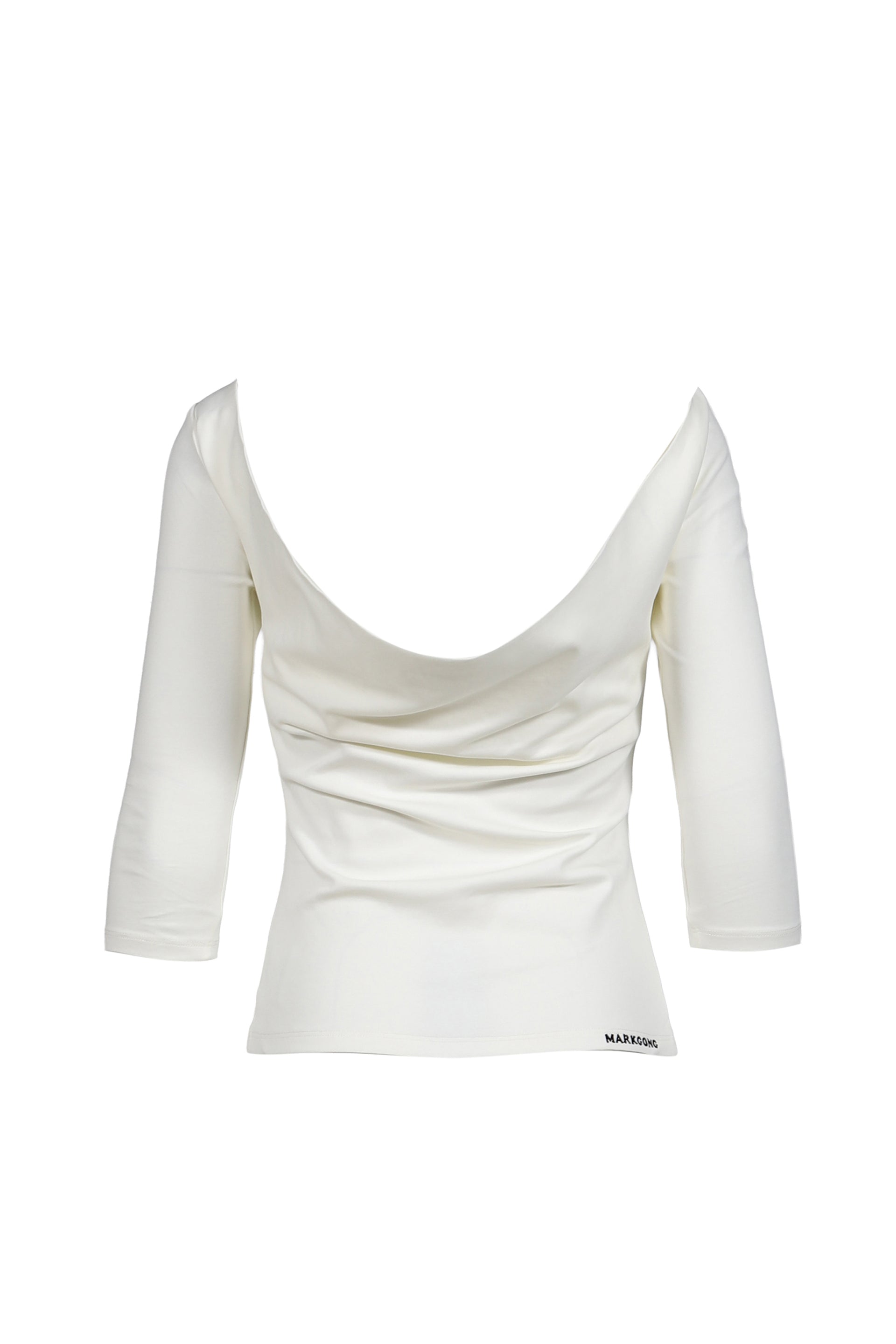 FUN RIDE PRINTED WHITE 3/4 SLEEVE COWL NECK BACKLESS TOP / WHT