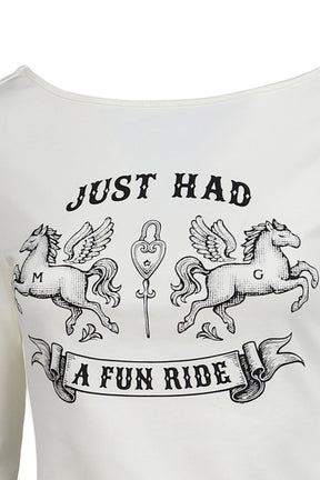 FUN RIDE PRINTED WHITE 3/4 SLEEVE COWL NECK BACKLESS TOP / WHT