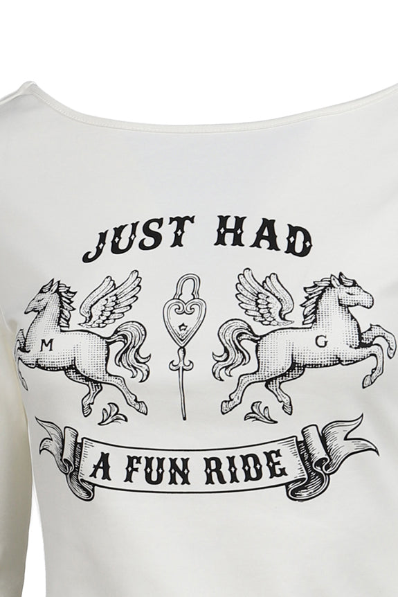 FUN RIDE PRINTED WHITE 3/4 SLEEVE COWL NECK BACKLESS TOP / WHT