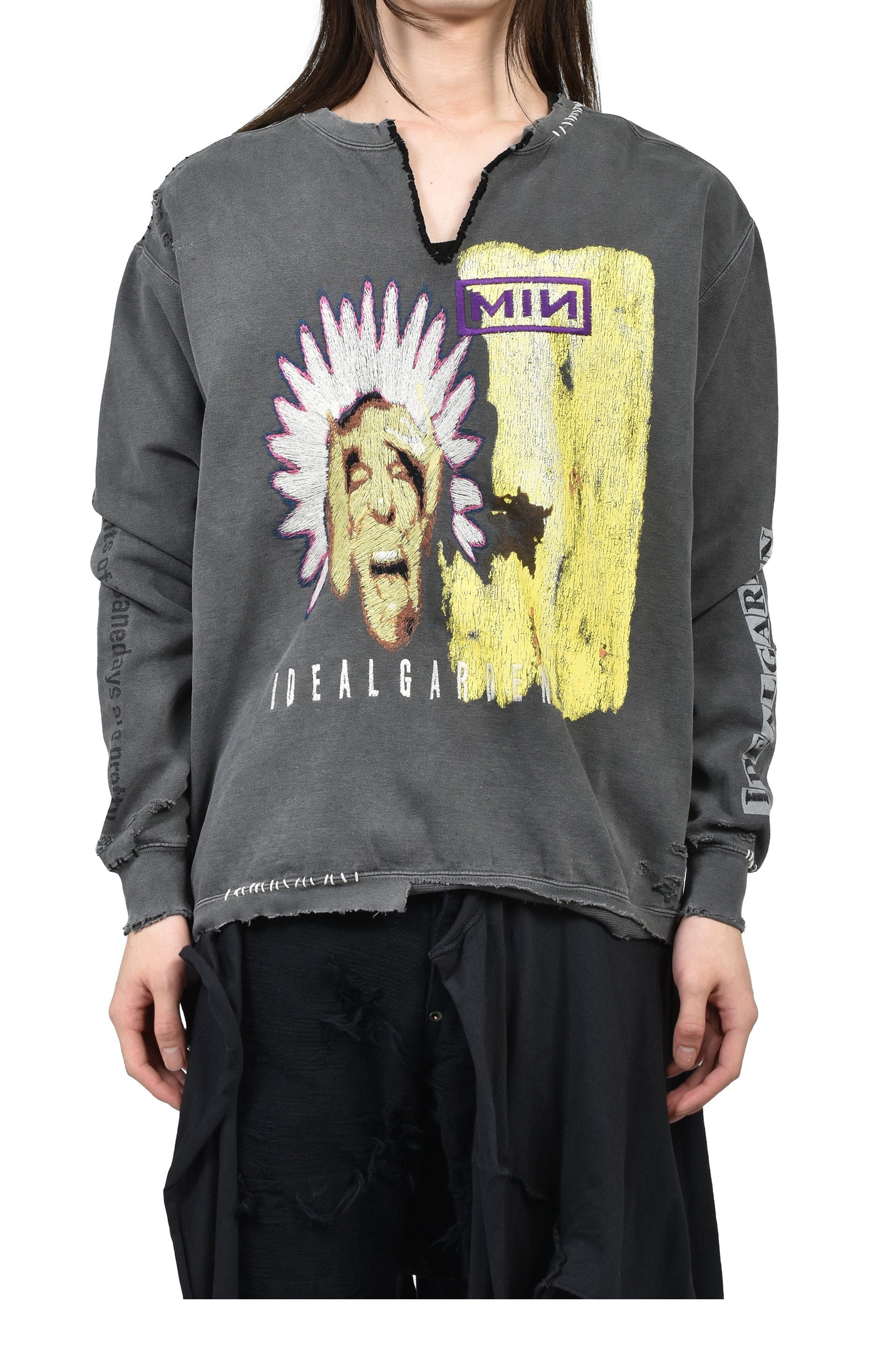 BOOTLEG DIY CREW SWEAT WITH REPAIRED(COORDINATE) / AGED BLK