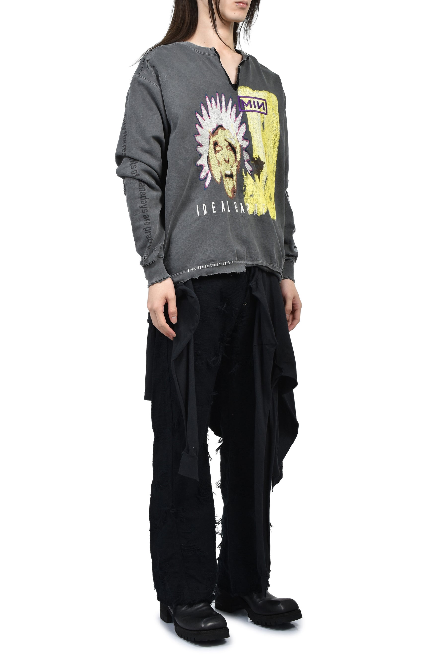 BOOTLEG DIY CREW SWEAT WITH REPAIRED(COORDINATE) / AGED BLK 