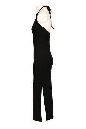 CONTRAST TIE-BACK LONG DRESS / BLK