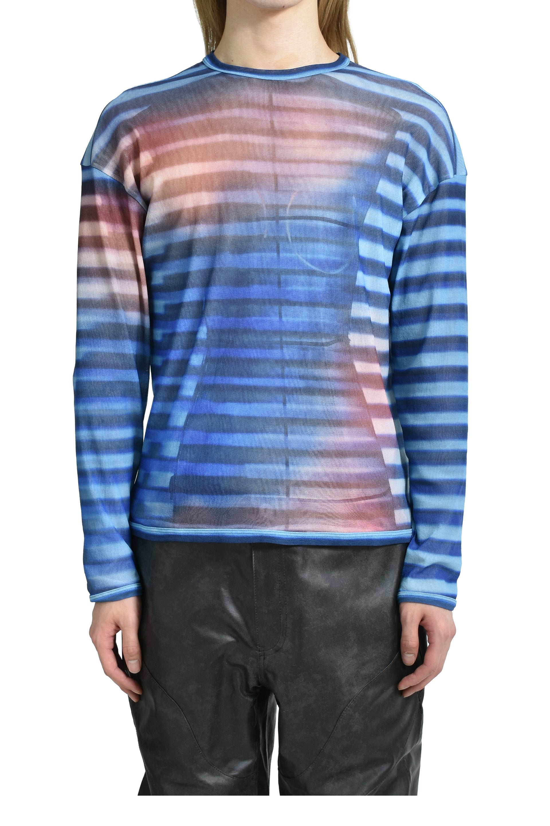 MESH OVERSIZED CREW NECK TOP PRINTED "AIR" / LT.BLU/BLU/PEACH