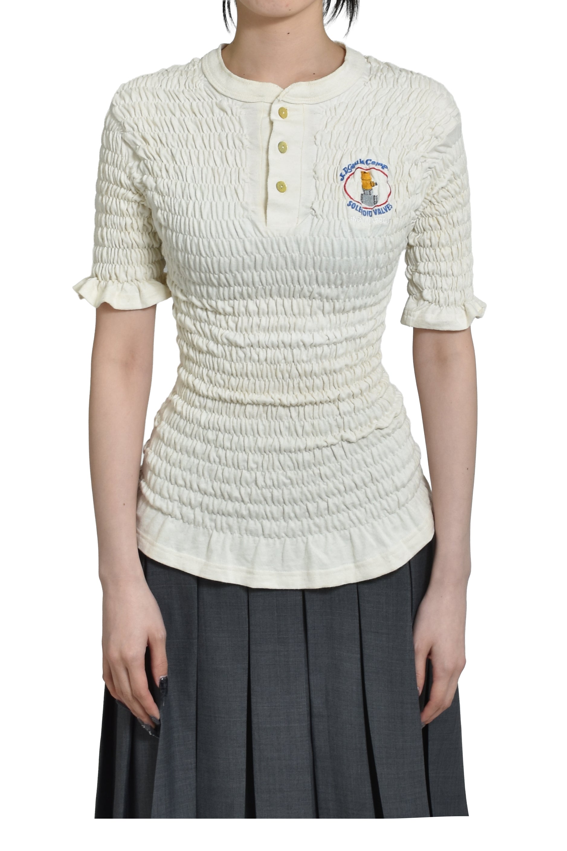 RECONSTITUTED SHIRRED HENLEY T-SHIRT / WHT 