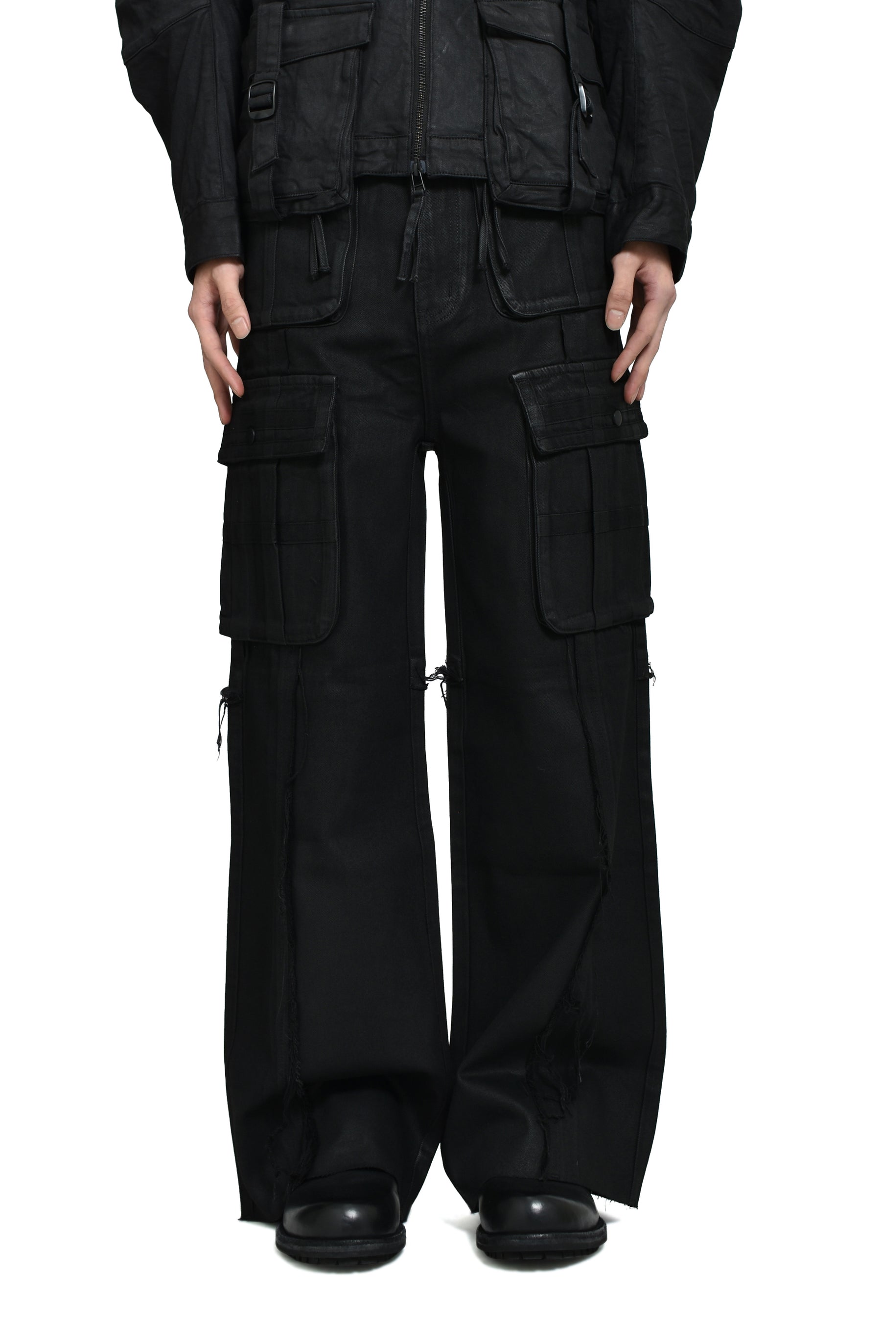 CROSS FRINGE PANTS / WAXED BLACK