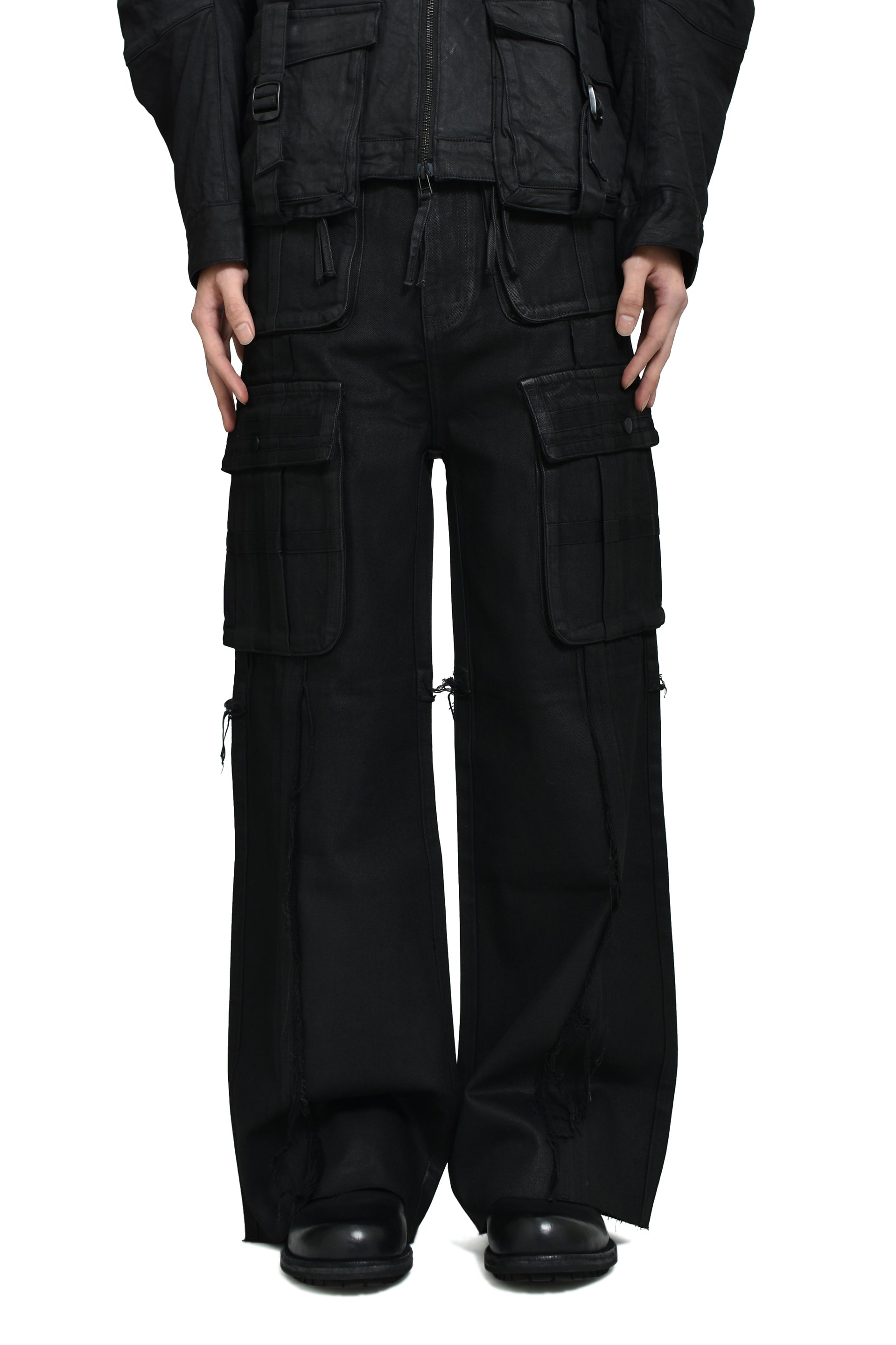 CROSS FRINGE PANTS / WAXED BLACK