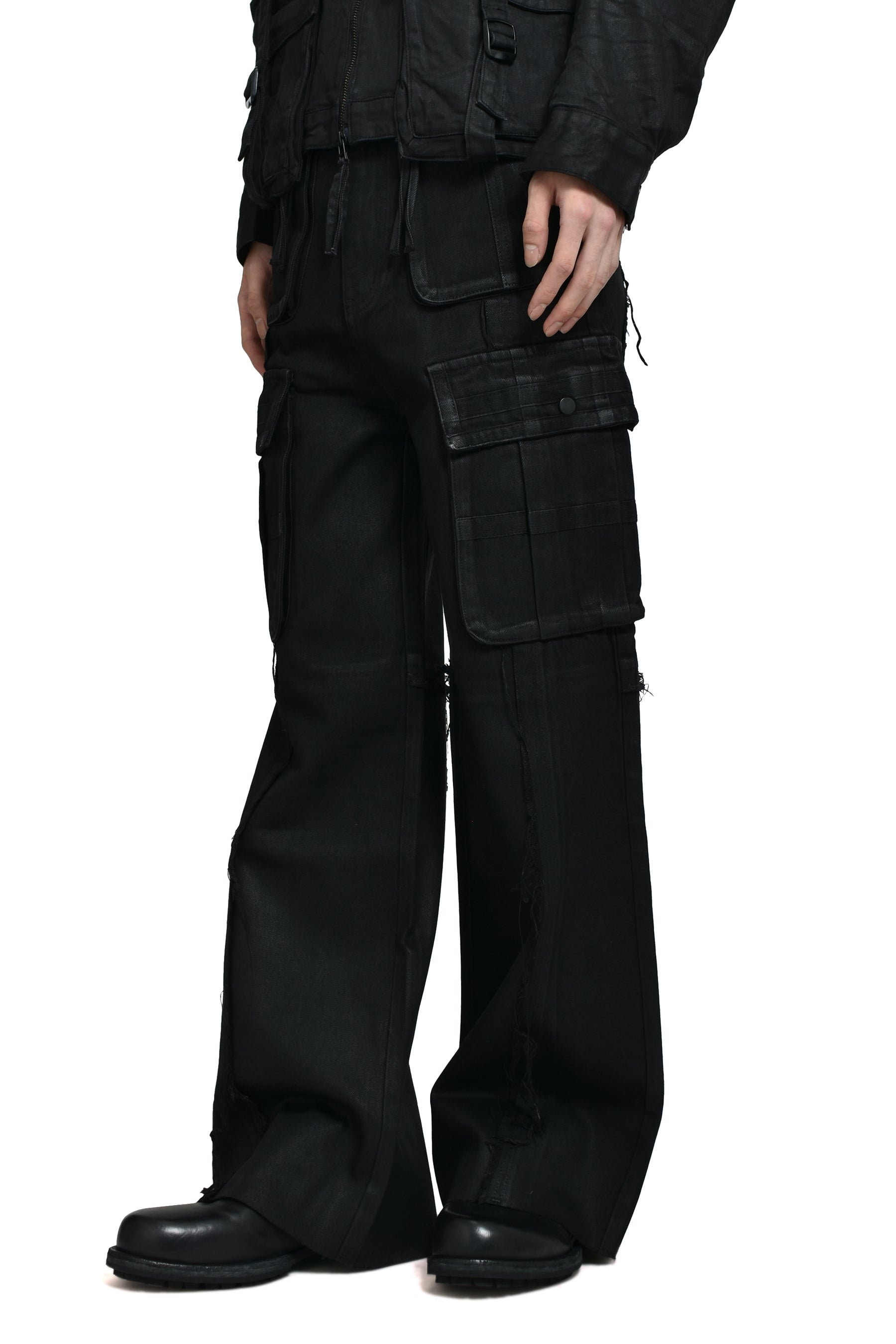 CROSS FRINGE PANTS / WAXED BLACK