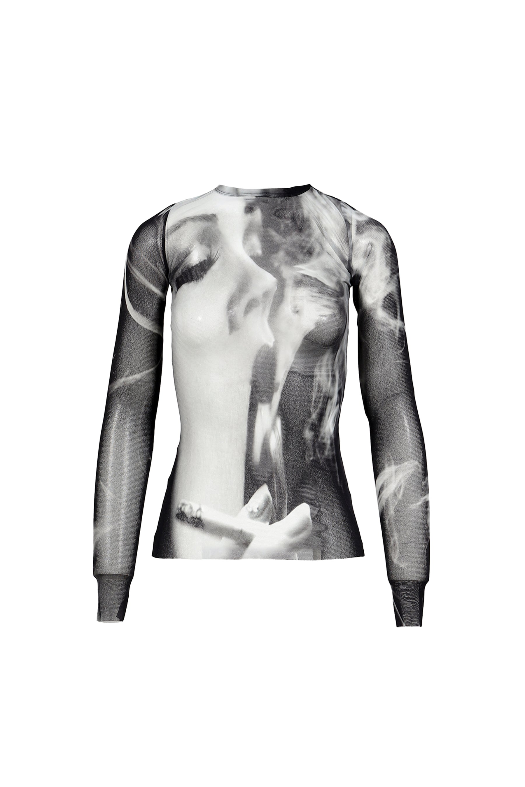 MESH LONG SLEEVES TOP PRINTED "SMOKING WOMEN" / BLK GRY WHT