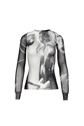 MESH LONG SLEEVES TOP PRINTED "SMOKING WOMEN" / BLK GRY WHT