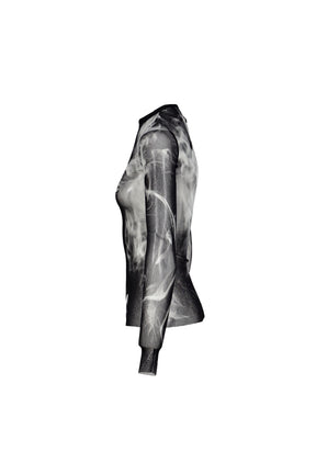 MESH LONG SLEEVES TOP PRINTED "SMOKING WOMEN" / BLK GRY WHT