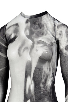 MESH LONG SLEEVES TOP PRINTED "SMOKING WOMEN" / BLK GRY WHT