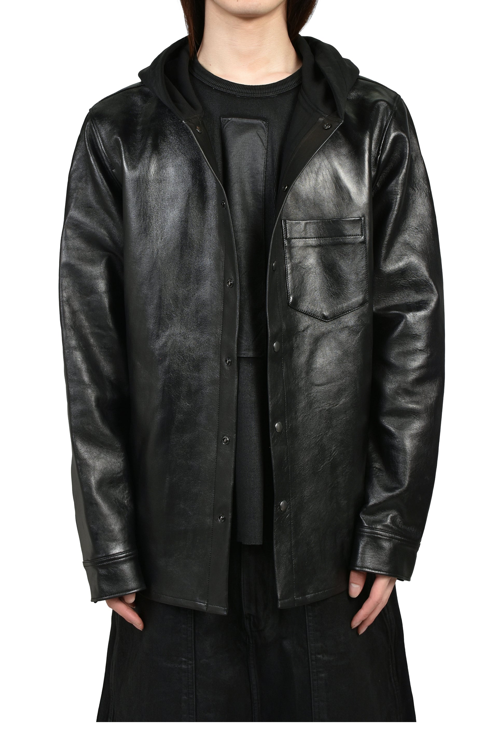 LEATHER HOODED SHIRT / BLK