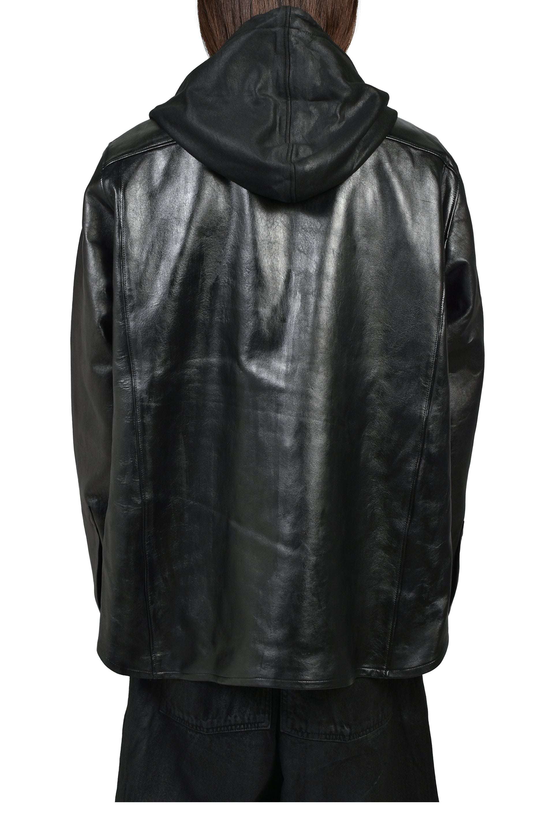 LEATHER HOODED SHIRT / BLK