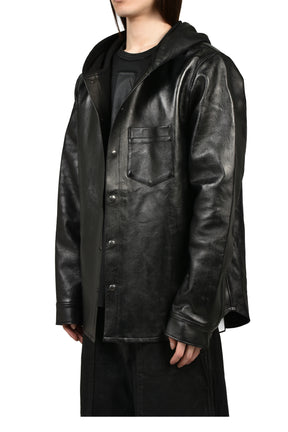 LEATHER HOODED SHIRT / BLK