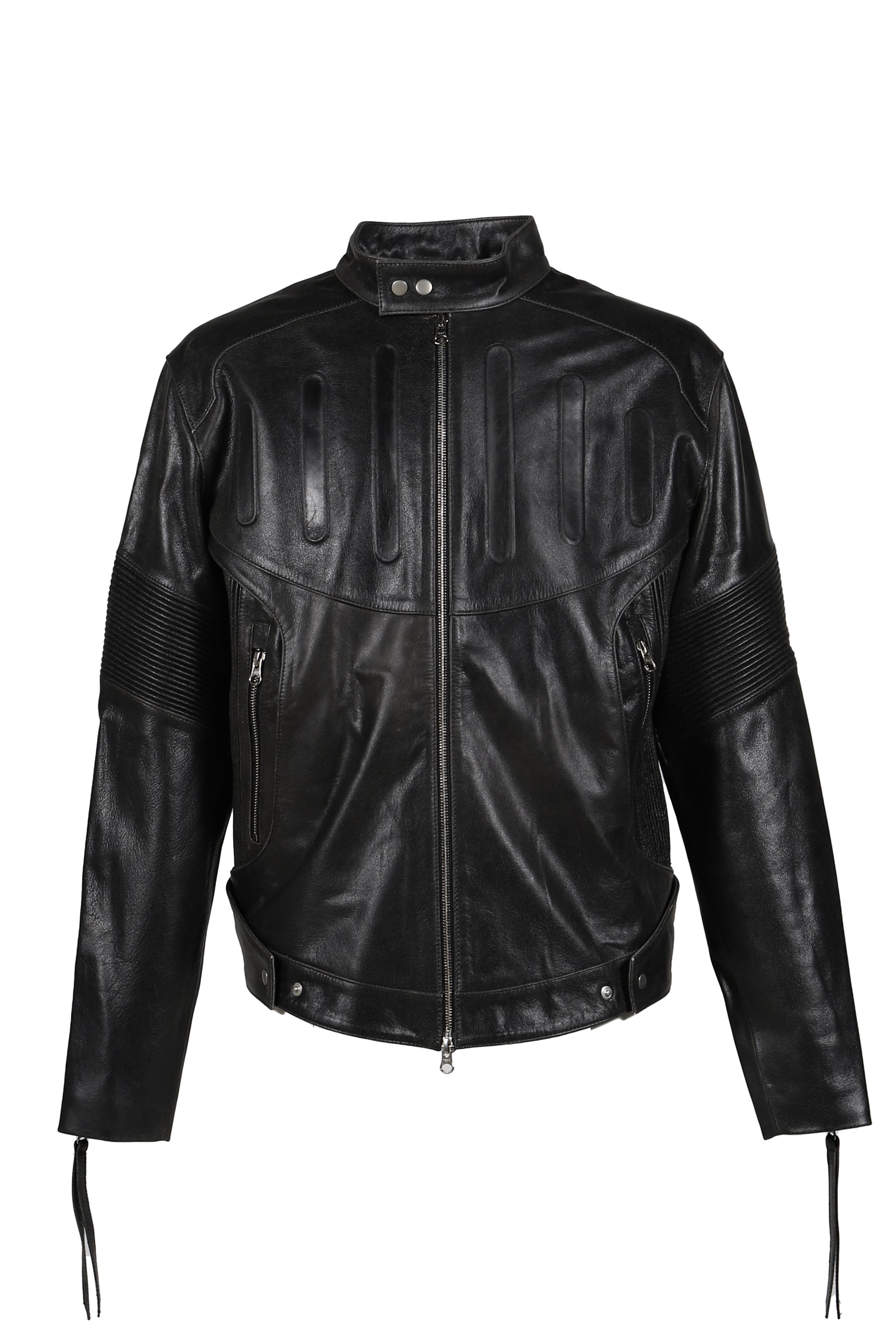EMBOSSED LEATHER BIKER JACKET / BLK
