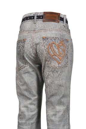 LEOPARD FADE DENIM PRINTED BOOTSCUT JEANS / BLU