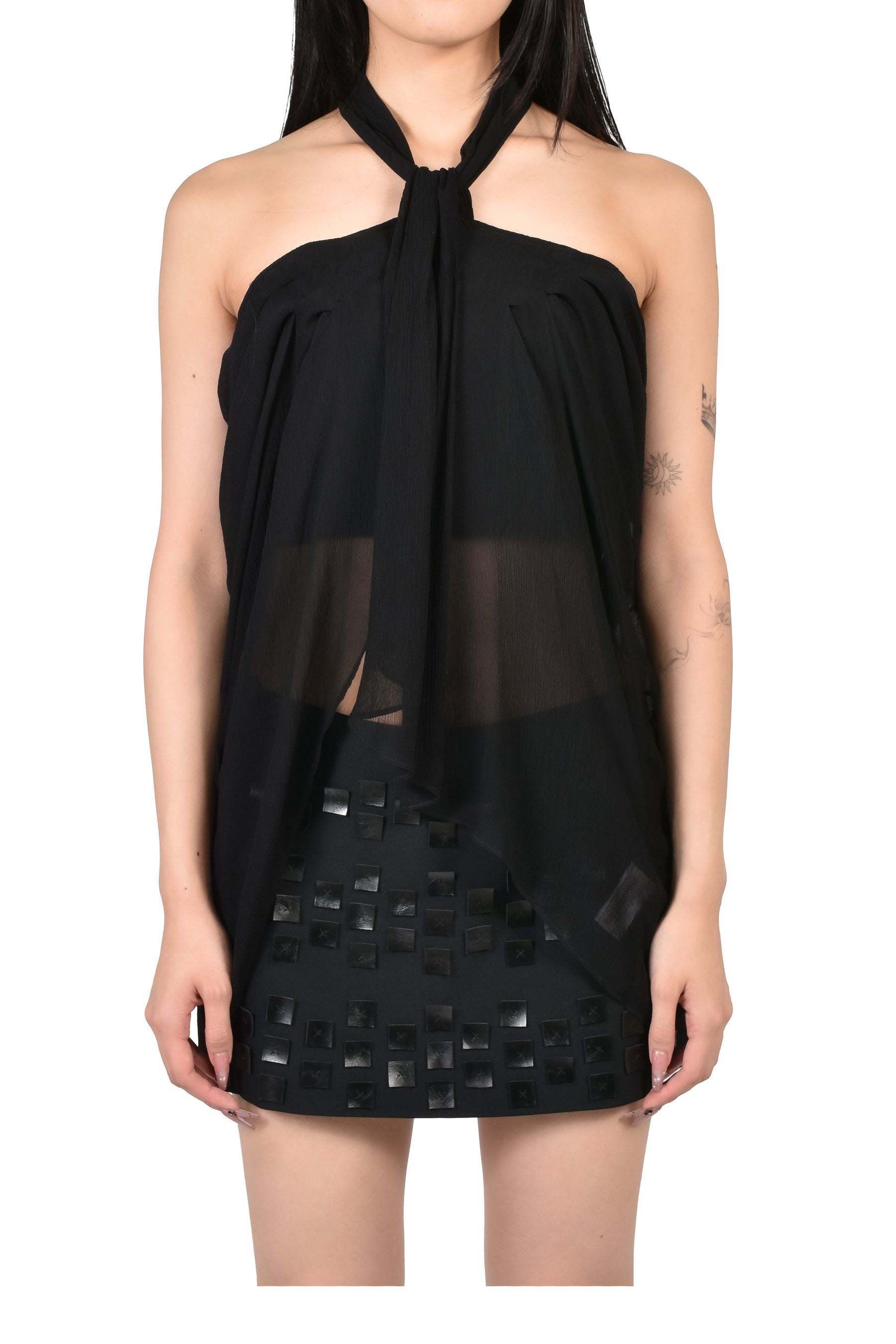 BLACK HALTERNECK RUCHED DRAPE TOP / BLK