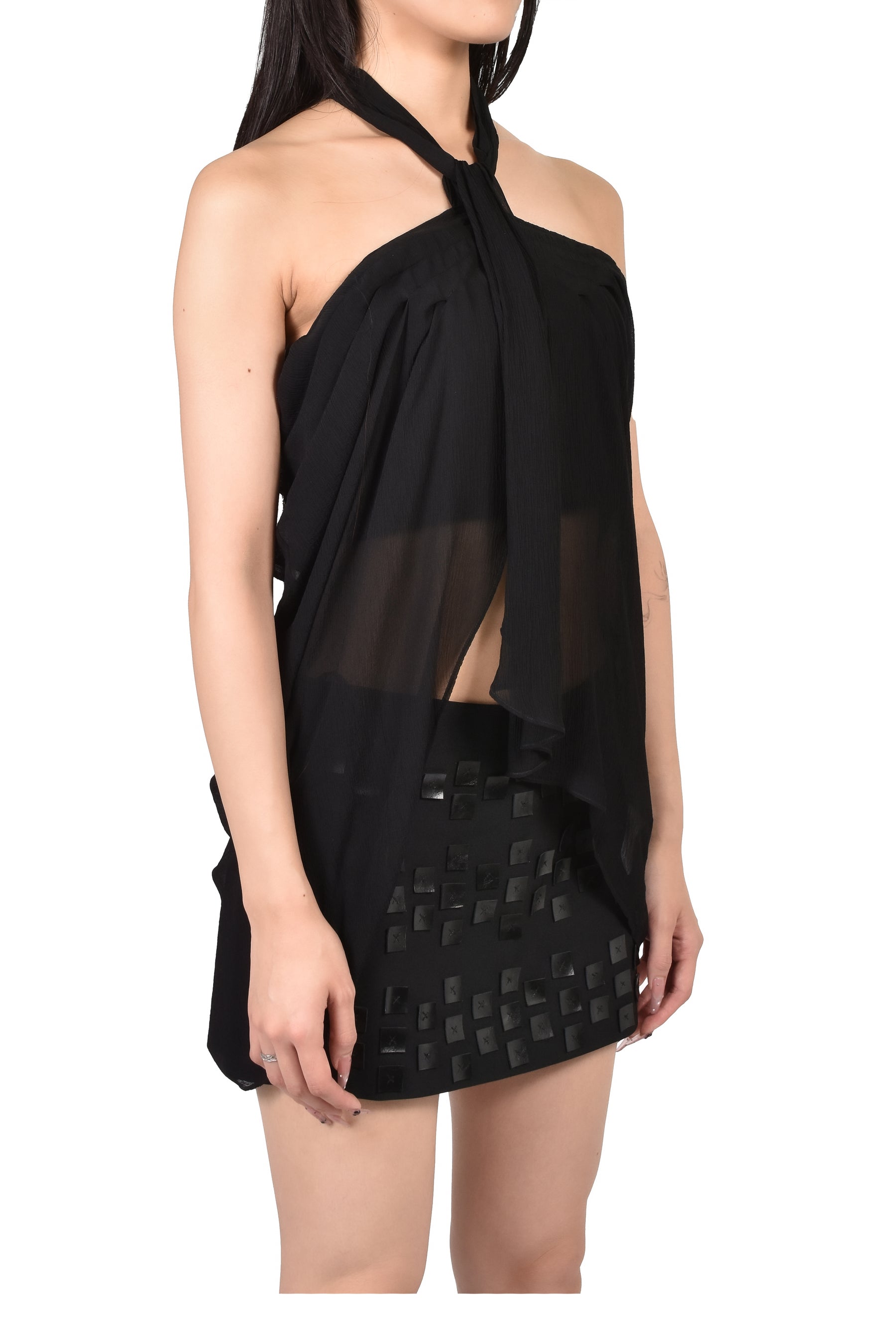 BLACK HALTERNECK RUCHED DRAPE TOP / BLK