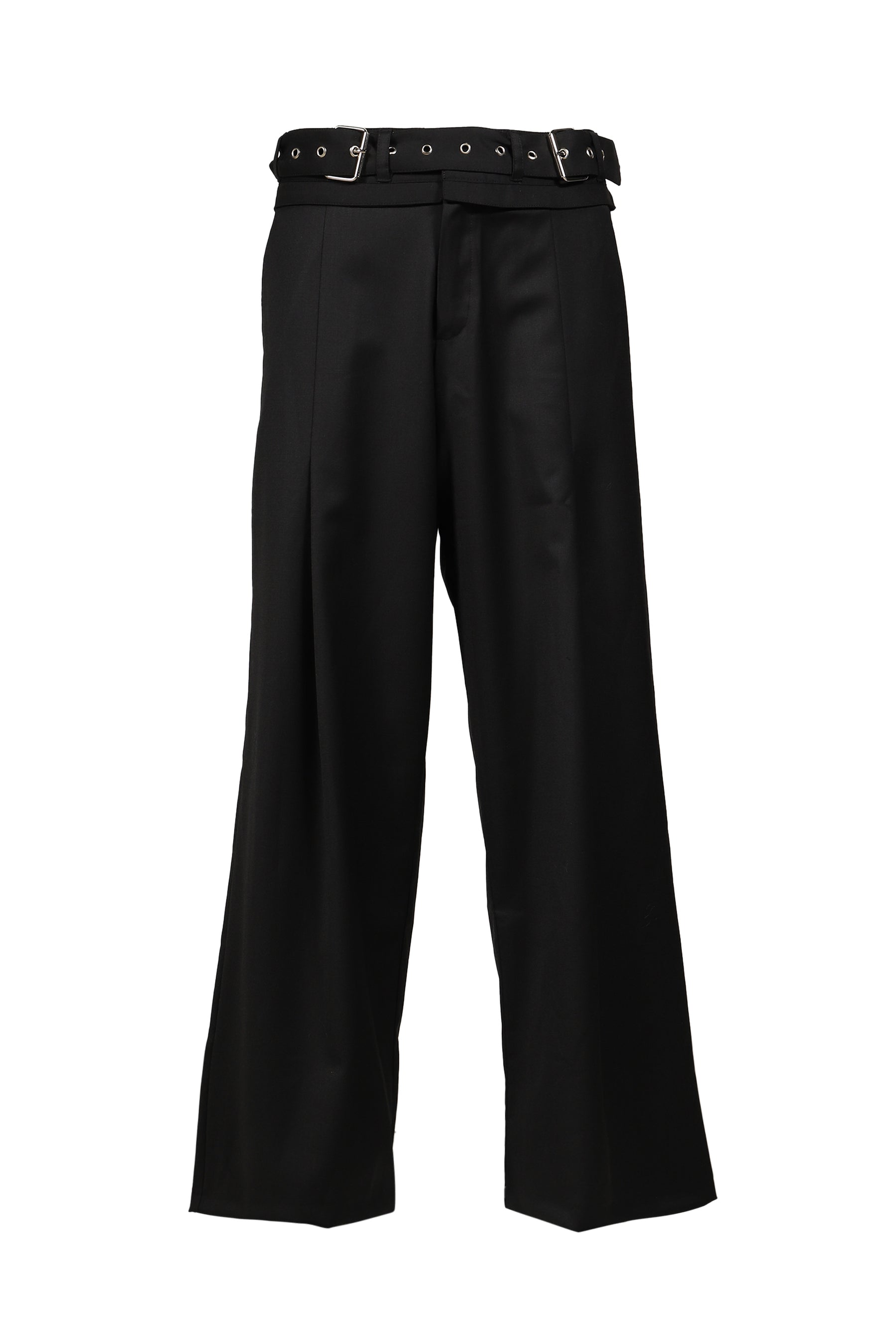 DOUBLE-BELT PLEATED TROUSERS / BLK