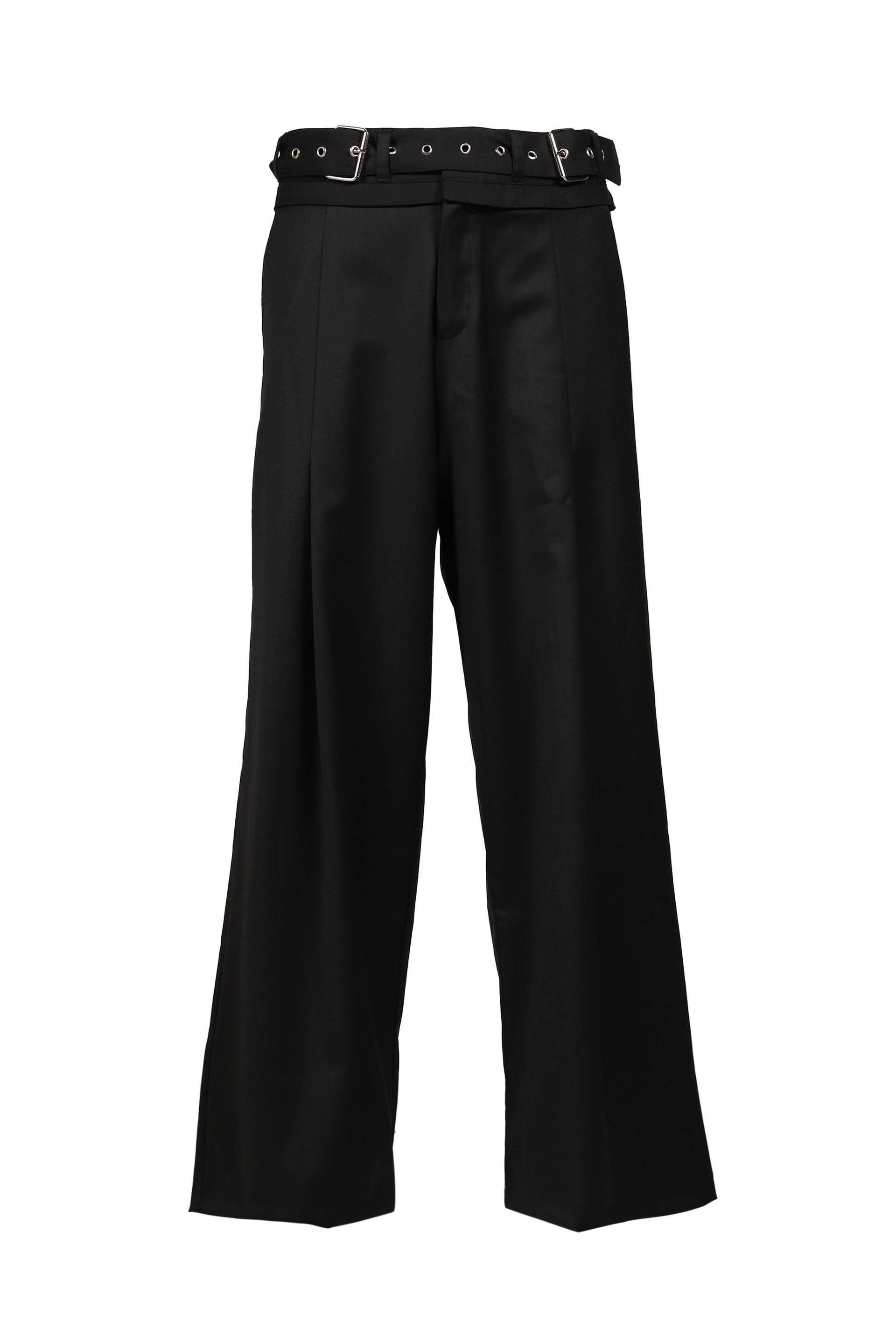 DOUBLE-BELT PLEATED TROUSERS / BLK