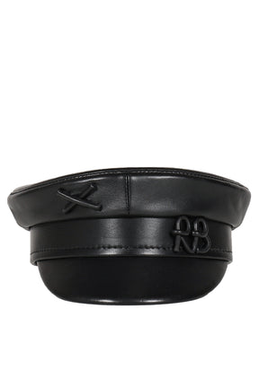 LOGO-EMBELLISHED LEATHER BAKER BOY CAP / BLK