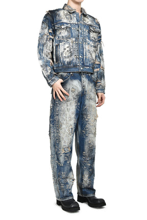 HARD-WASHED DAMAGED DENIM PANTS / BLU 