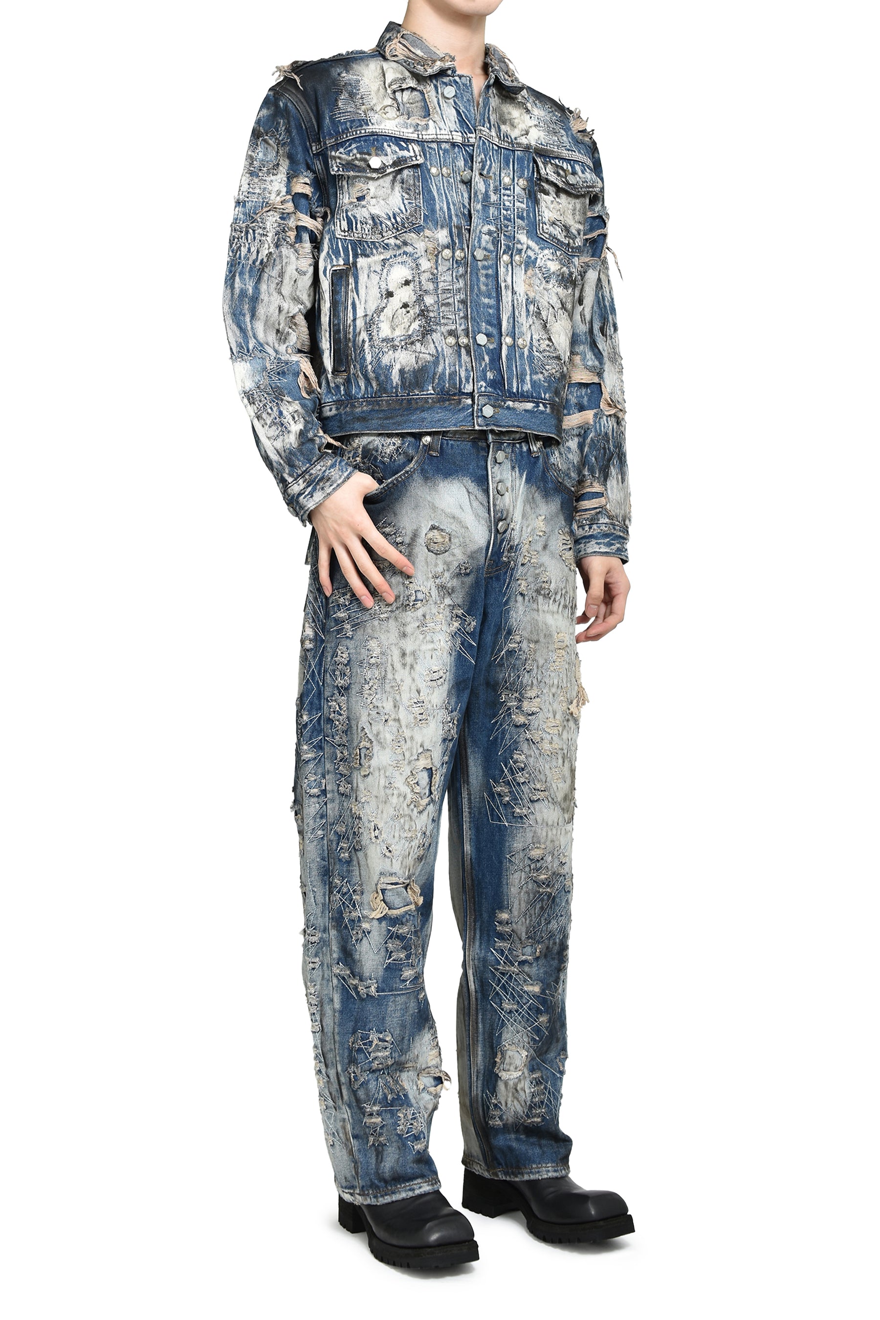 HARD-WASHED DAMAGED DENIM JACKET / BLU 