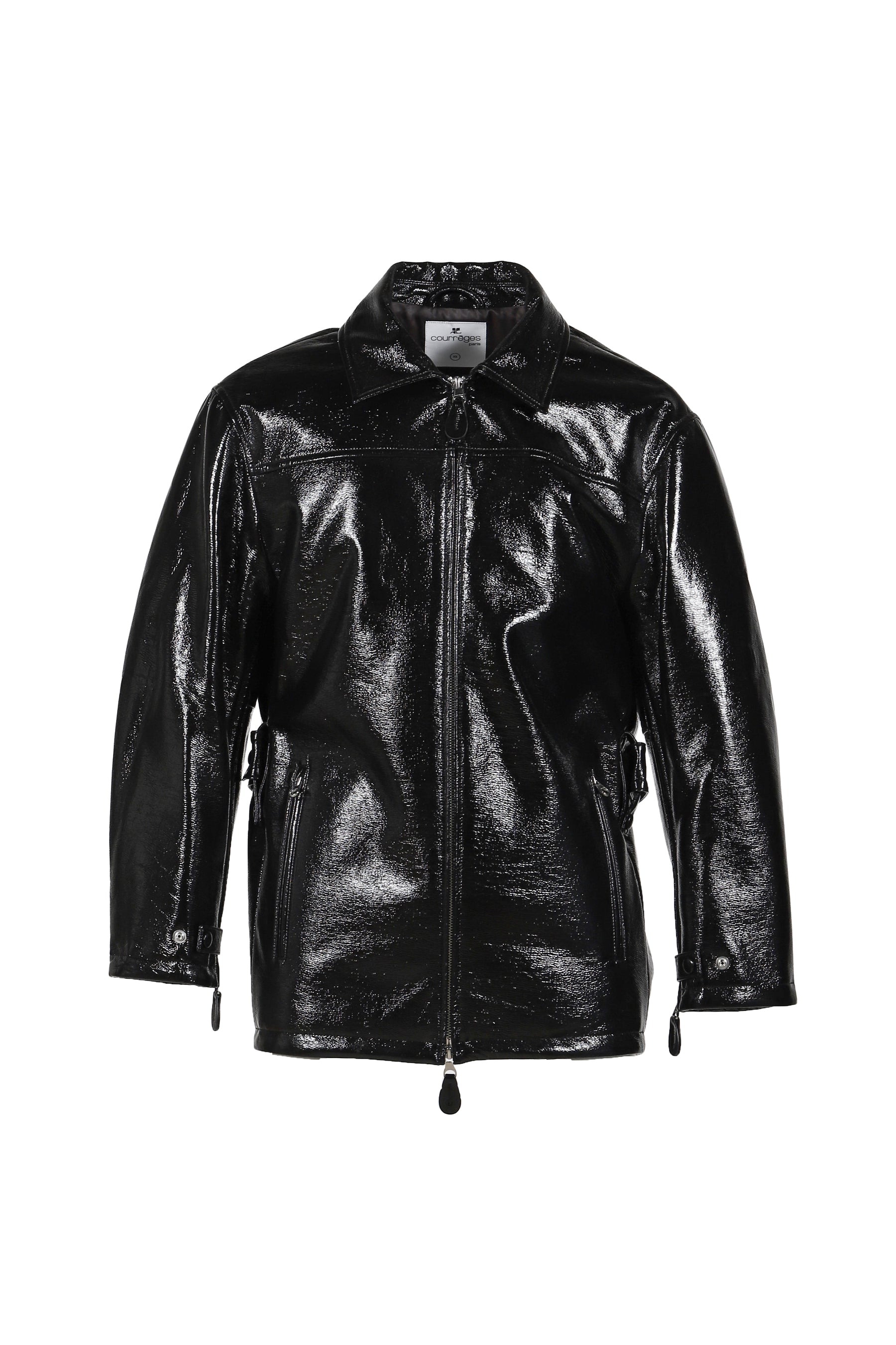 ZIPPED VINYL MAXI BOMBER JACKET / BLK 