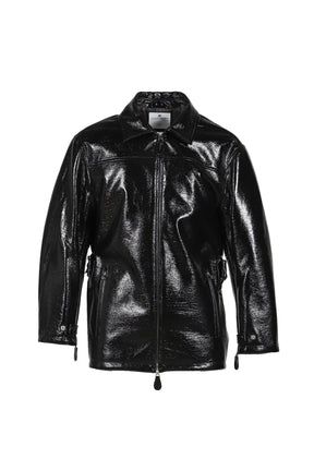 ZIPPED VINYL MAXI BOMBER JACKET / BLK 