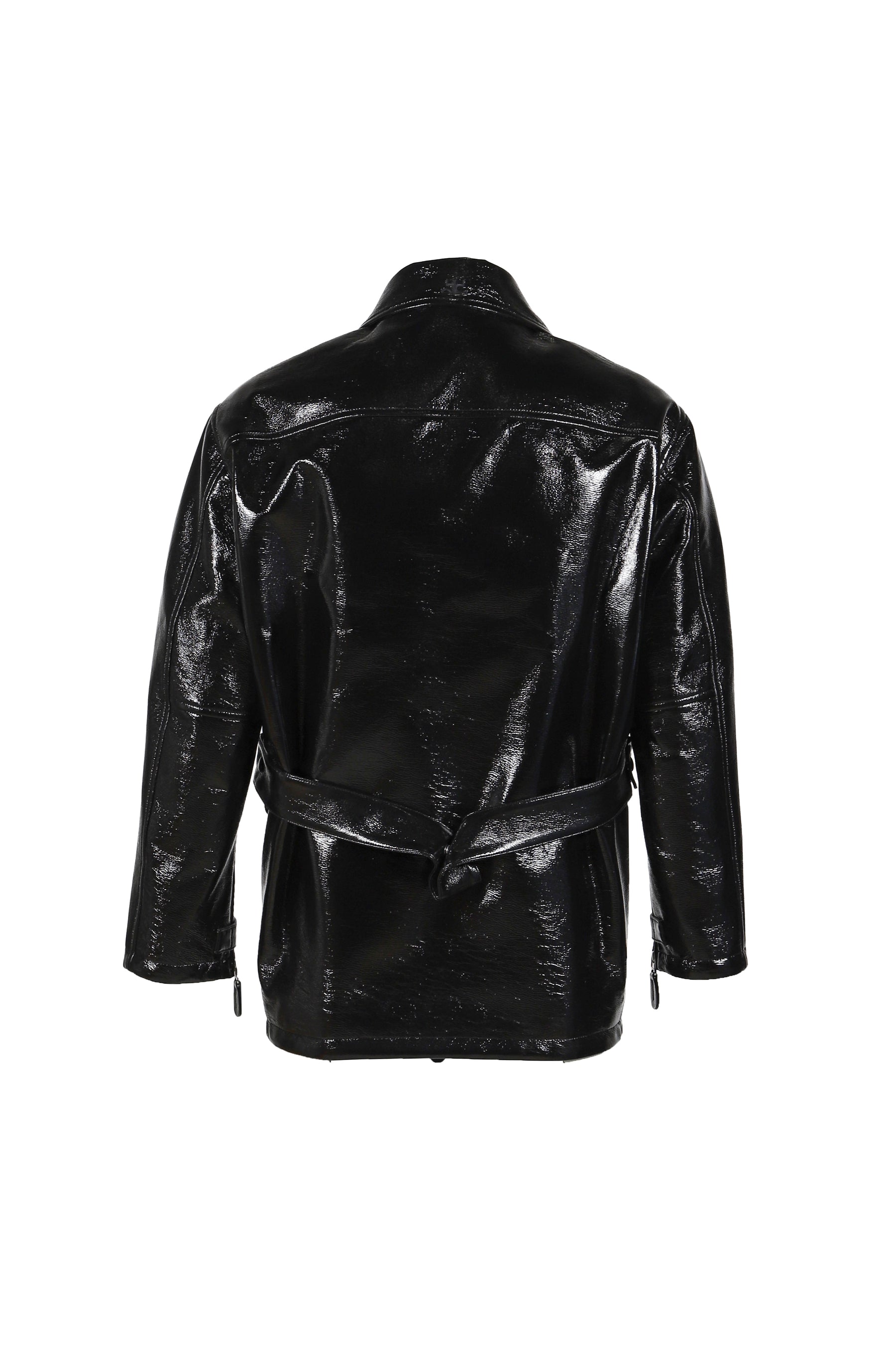 ZIPPED VINYL MAXI BOMBER JACKET / BLK 
