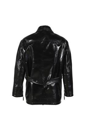 ZIPPED VINYL MAXI BOMBER JACKET / BLK 