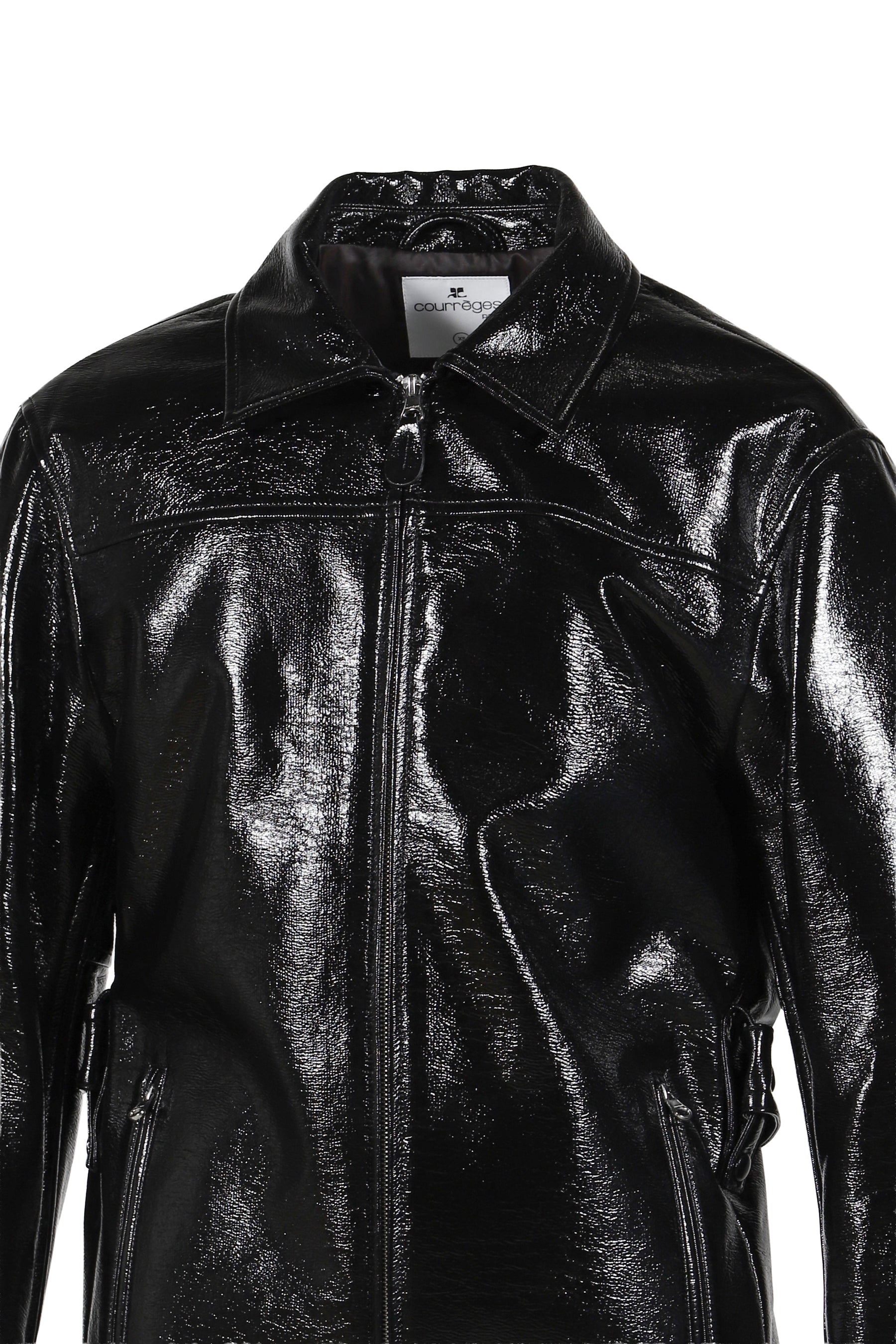 ZIPPED VINYL MAXI BOMBER JACKET / BLK 