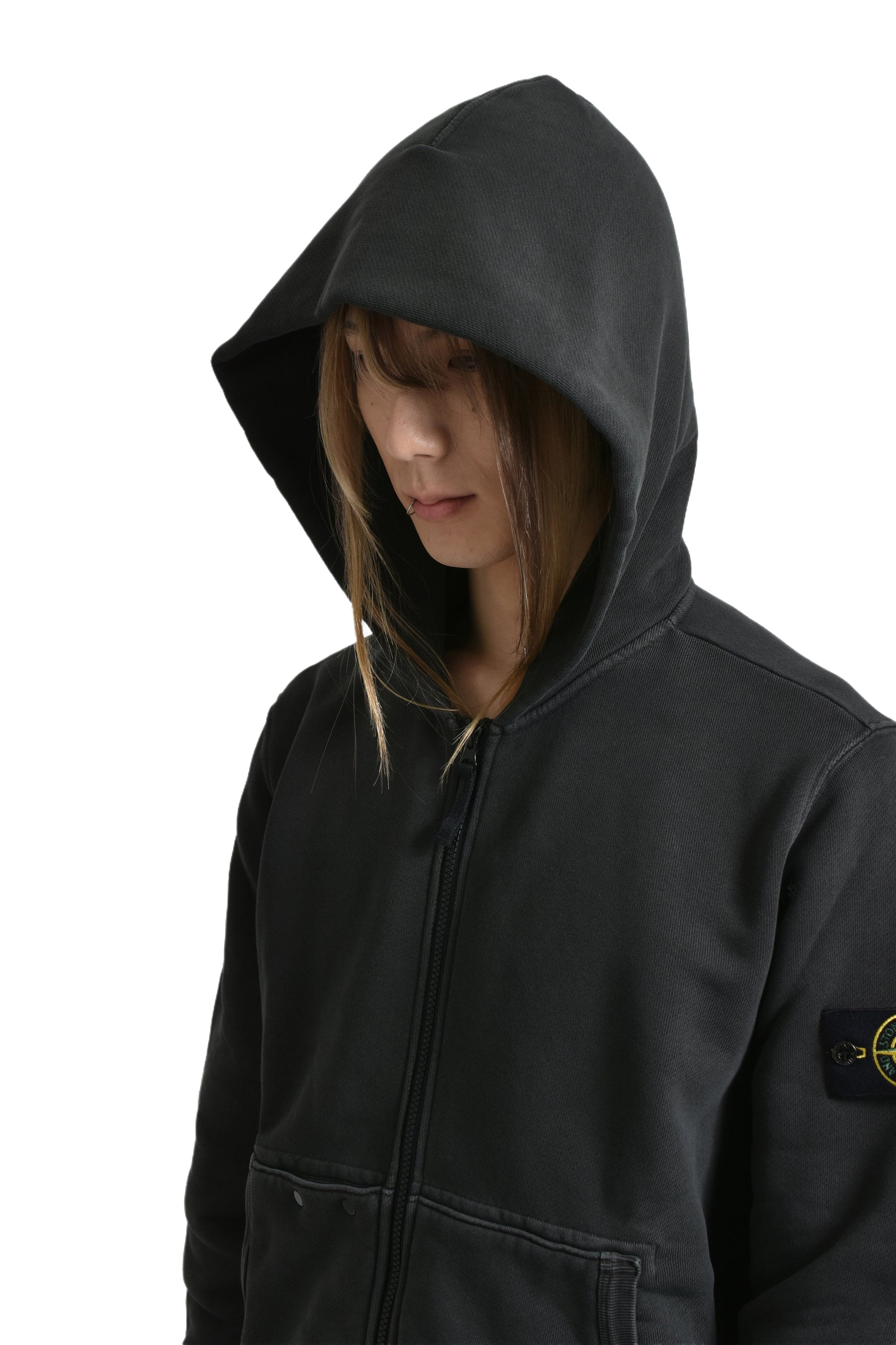 GARMENT DYED ZIP UP HOODIE / LEAD GRY