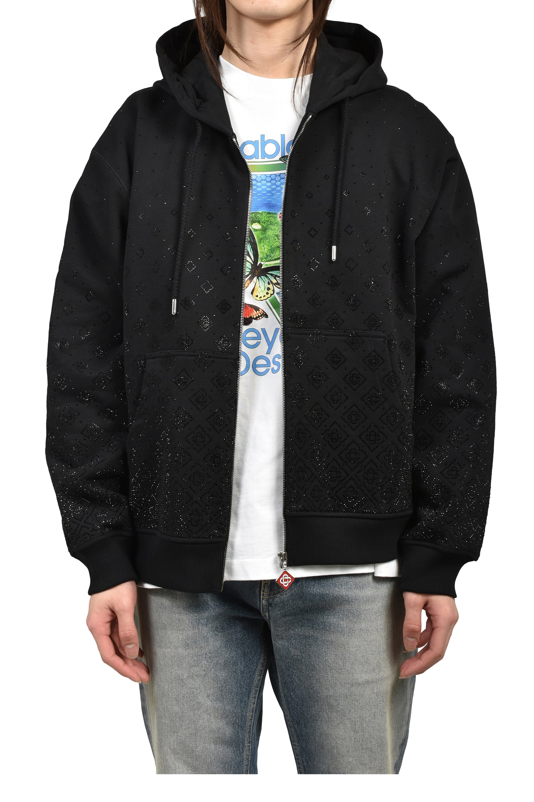 Casablanca CRYSTAL MONOGRAM ZIP-UP HOODED SWEATSHIRT / BLK