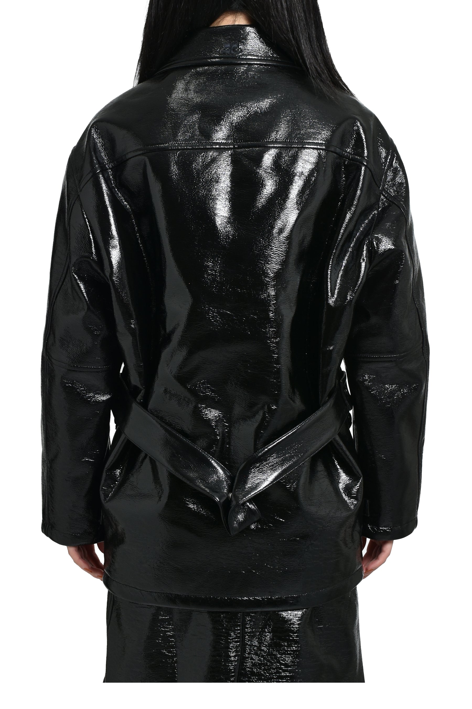 ZIPPED VINYL MAXI BOMBER JACKET / BLK 