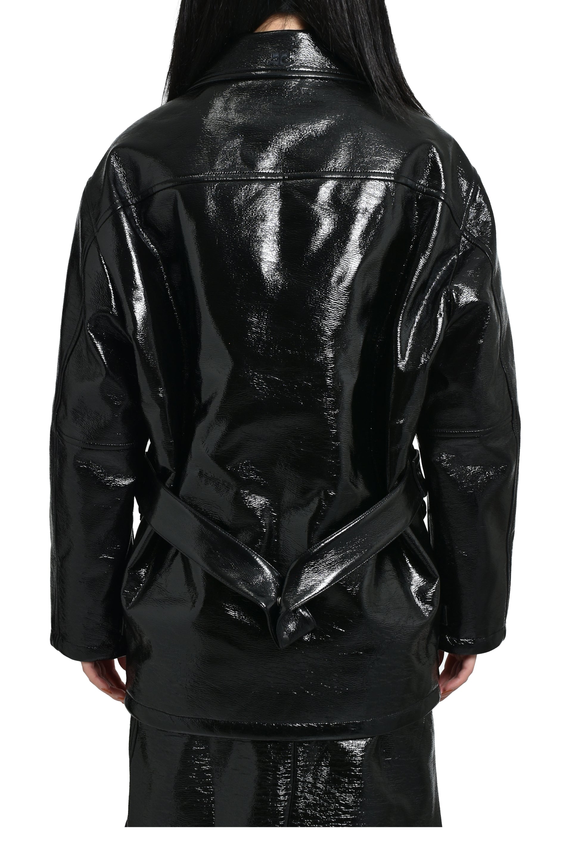 ZIPPED VINYL MAXI BOMBER JACKET / BLK