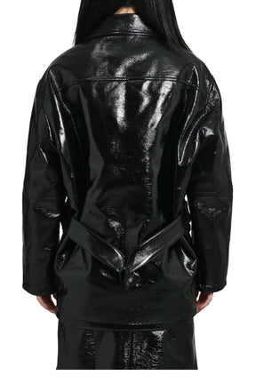 ZIPPED VINYL MAXI BOMBER JACKET / BLK 