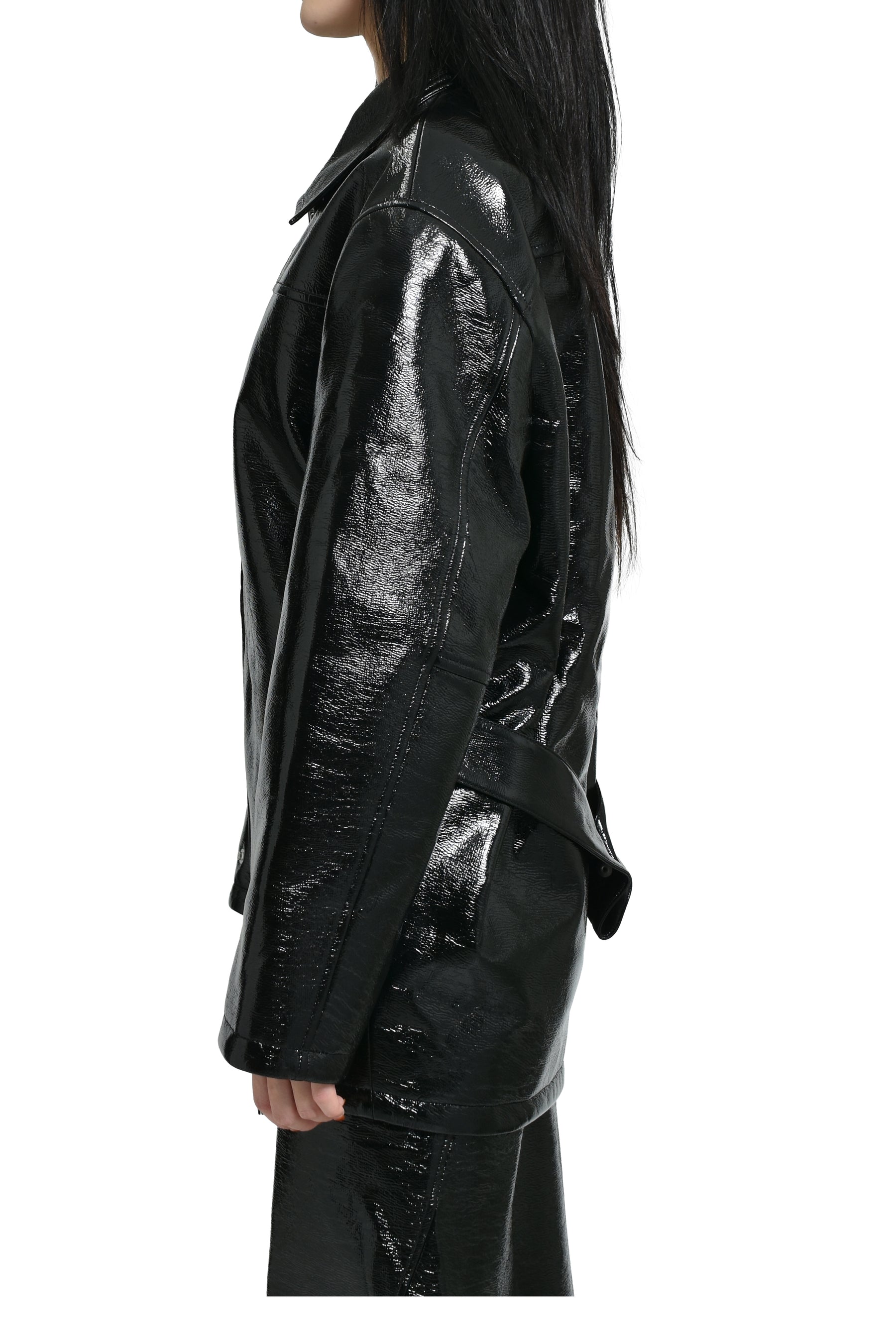 ZIPPED VINYL MAXI BOMBER JACKET / BLK 