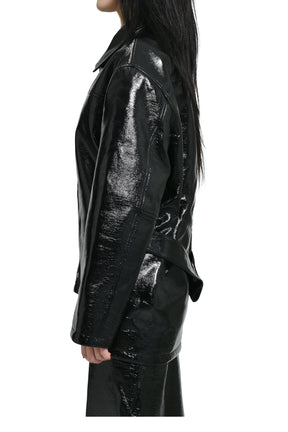 ZIPPED VINYL MAXI BOMBER JACKET / BLK 